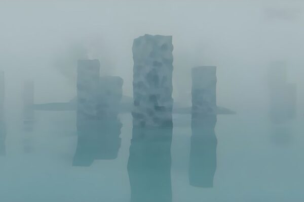 Recreación artística de una posible ciudad antigua bajo el hielo de la Antártida, evocando el misterio de la Atlántida.