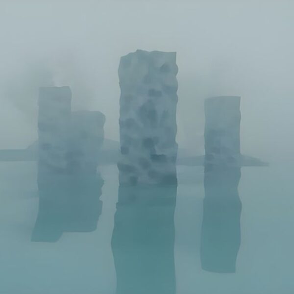 Recreación artística de una posible ciudad antigua bajo el hielo de la Antártida, evocando el misterio de la Atlántida.