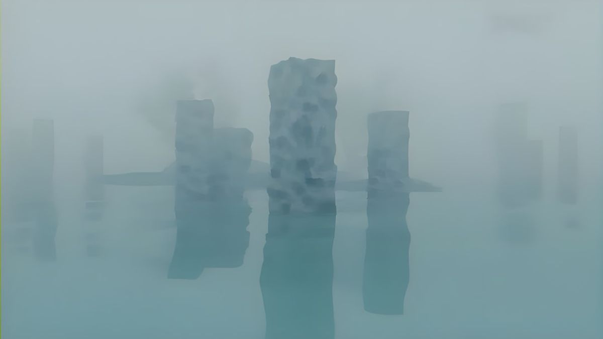 Recreación artística de una posible ciudad antigua bajo el hielo de la Antártida, evocando el misterio de la Atlántida.