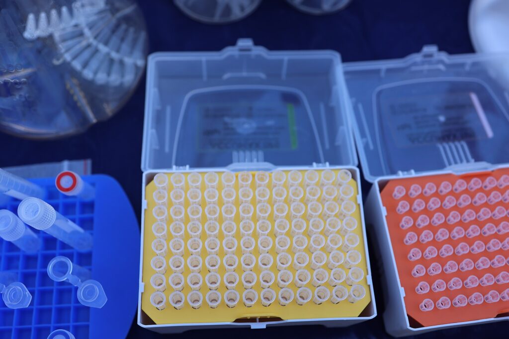 Pipeta depositando l&iacute;quido en una gradilla de tubos peque&ntilde;os sobre mesa de laboratorio